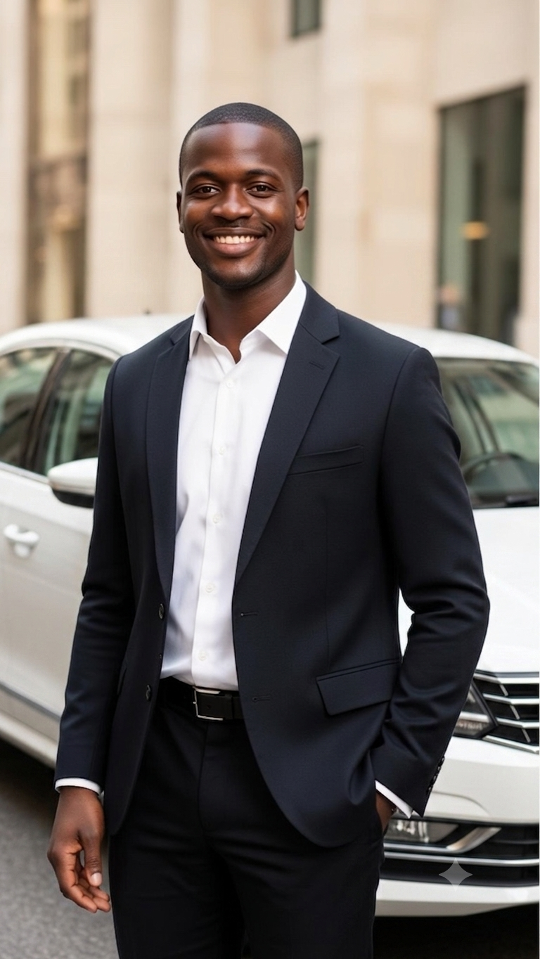 Your professional driver standing beside a clean black sedan