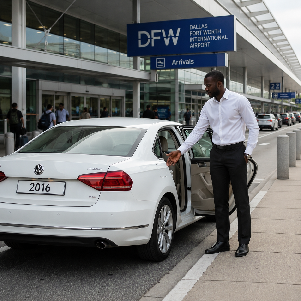 Chauffeur opening the rear door of a white sedan at DFW International Airport Arrivals