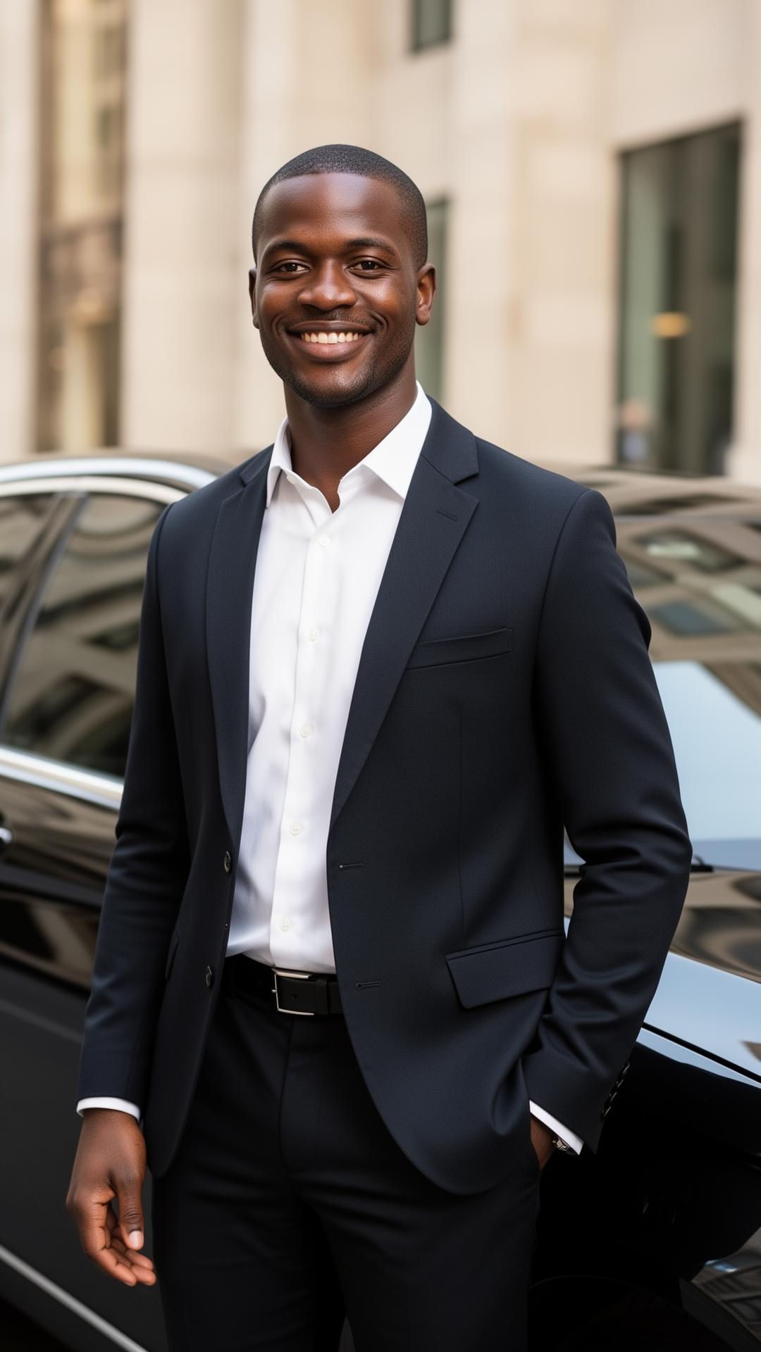 Your professional driver standing beside a clean black sedan