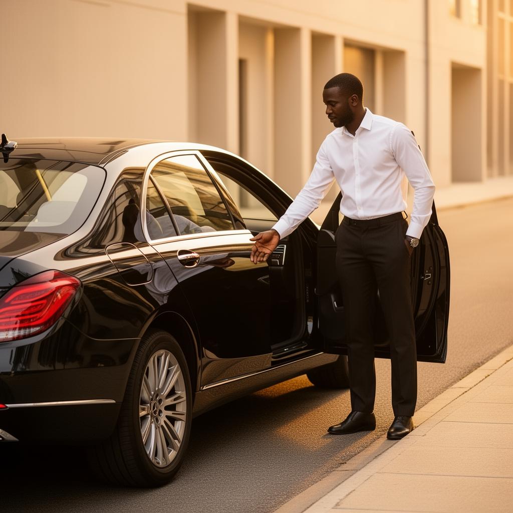 Driver opening the rear door of a black sedan